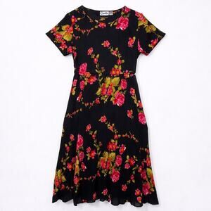 Vintage Floral Caite Maxi Dress Sm 100% Rayon Boho Bias Cut Crinkled Waist Tie